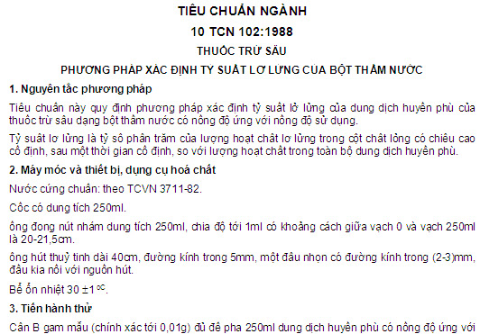 10 TCN 102-1988 - Thuốc Trừ Sâu - Phương Pháp Xác Định Tỷ Suất Lơ Lửng Của Bột Thấm Nước