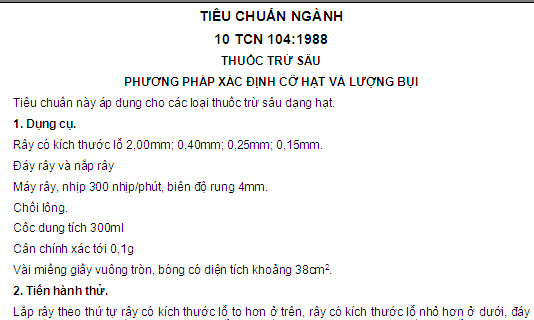 10 TCN 104-1988 - Thuốc Trừ Sâu - Phương Pháp Xác Định Cỡ Hạt Và Lượng Bụi