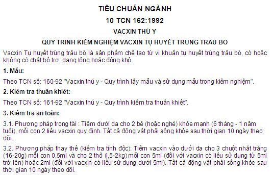 10 TCN 162-1992 - Vacxin Thú Y - Quy Trình Kiểm Nghiệm Vacxin Tụ Huyết Trùng Trâu Bò