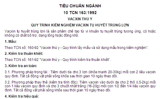 10 TCN 163-1992 - Vacxin Thú Y - Quy Trình Kiểm Nghiệm Vacxin Tụ Huyết Trùng Lợn