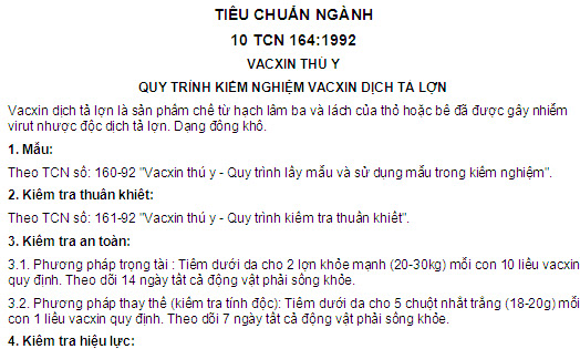 10 TCN 164-1992 - Vacxin Thú Y - Quy Trình Kiểm Nghiệm Vacxin Dịch Tả Lợn