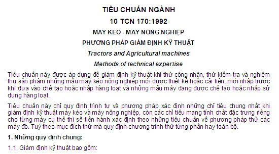 10 TCN 170-1992 - Máy Kéo - Máy Nông Nghiệp - Phương Pháp Giám Định Kỹ Thuật