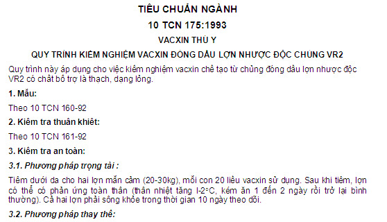 10 TCN 175-1993 - Vacxin Thú Y - Quy Trình Kiểm Nghiệm Vacxin Đóng Ddấu Lợn Nhược Độc Chủng VR2