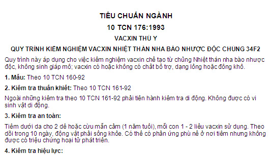 10 TCN 176-1993 - Vacxin Thú Y - Quy Trình Kiểm Nghiệm Vacxin Nhiệt Thán Nha Bào Nhược Độc Chủng