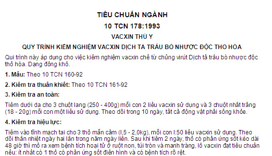 10 TCN 178-1993 - Vacxin Thú Y - Quy Trình Kiểm Nghiệm Vacxin Dịch Tả Trâu Bò Nhược Độc Thỏ Hóa