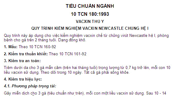 10 TCN 180-1993 - Vacxin Thú Y - Quy Trình Kiểm Nghiệm Vacxin Newcastle Chủng Hệ I