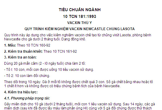10 TCN 181-1993 - Vacxin Thú Y - Quy Trình Kiểm Nghiệm Vacxin Newcastle Chủng Lasota