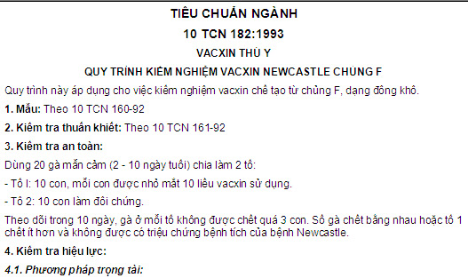 10 TCN 182-1993 - Vacxin Thú Y - Quy Trình Kiểm Nghiệm Vacxin Newcastle Chủng F
