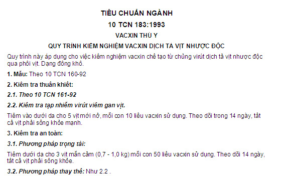 10 TCN 183-1993 - Vacxin Thú Y - Quy Trình Kiểm Nghiệm Vacxin Dịch Tả Vịt Nhược Độc