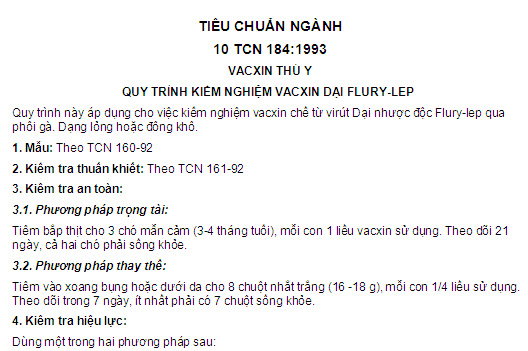 10 TCN 184-1993 - Quy Trình Kiểm Nghiệm Vacxin Dại Flury-Lep