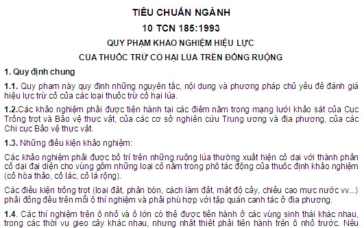10 TCN 185-1993 - Quy Phạm Khảo Nghiệm Hiệu Lực Của Thuốc Trừ Cỏ Hại Lúa Trên Đồng Ruộng