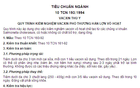 10 TCN 193-1994 - Vacxin Thú Y - Quy Trình Kiểm Nghiệm Vacxin Phó Thương Hàn Lợn Vô Hoạt