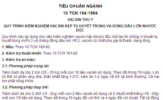 10 TCN 194-1994 - Vacxin Thú Y - Quy Trình Kiểm Nghiệm Vacxin Kép Tụ Huyết Trùng Và Đóng Dấu Lợn
