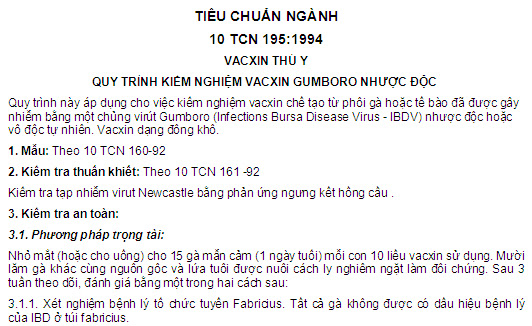 10 TCN 195-1994 - Vacxin Thú Y - Quy Trình Kiểm Nghiệm Vacxin Gumboro Nhược Độc
