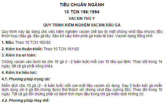 10 TCN 196-1994 - Vacxin Thú Y - Quy Trình Kiểm Nghiệm Vacxin Đậu Gà