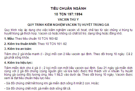 10 TCN 197-1994 - Vacxin Thú Y - Quy Trình Kiểm Nghiệm Vacxin Tụ Huyết Trùng Gà