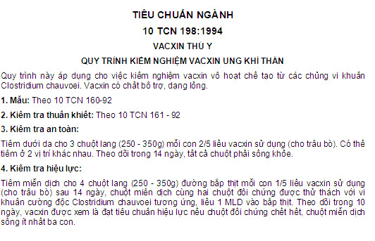 10 TCN 198-1994 - Vacxin Thú Y - Quy Trình Kiểm Nghiệm Vacxin Ung Khí Thán