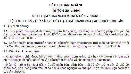 10 TCN 201-1994 - Quy Phạm Khảo Nghiệm Trên Đồng Ruộng - Hiệu Lực Phòng Trừ Sâu Vẽ Bùa Hại Cam