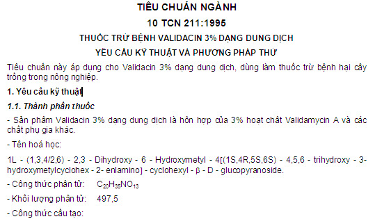 10 TCN 211-1995 - Thuốc Trừ Bệnh Validacin 3% Dạng Dung Dịch - Yêu Cầu Kỹ Thuật Và Phương Pháp Thử