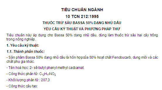 10 TCN 212-1995 - Thuốc Trừ Sâu Bassa 50% Dạng Nhũ Dầu - Yêu Cầu Kỹ Thuật Và Phương Pháp Thử