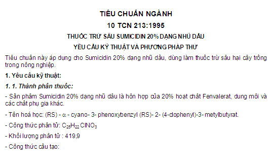 10 TCN 213-1995 - Thuốc Trừ Sâu Sumicidin 20% Dạng Nhũ Dầu - Yêu Cầu Kỹ Thuật Và Phương Pháp Thử