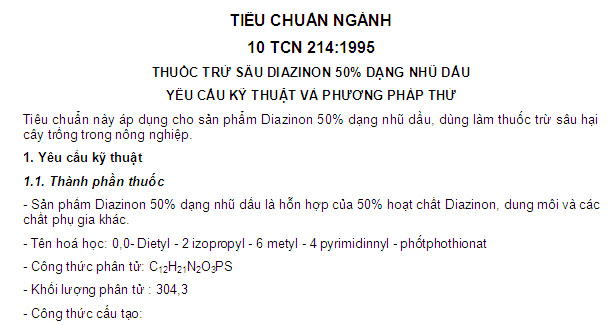 10 TCN 214-1995 - Thuốc Trừ Sâu Diazinon 50% Dạng Nhũ Dầu - Yêu Cầu Kỹ Thuật Và Phương Pháp Thử
