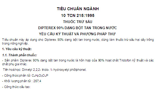 10 TCN 215-1995 - Thuốc Trừ Sâu Dipterex 90% Dạng Bột Tan Trong Nước - Yêu Cầu Kỹ Thuật