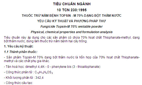 10 TCN 230-1995 - Thuốc Trừ Nấm Bệnh Topsin - M 70% Dạng Bột Thấm Nước - Yêu Cầu Kỹ Thuật