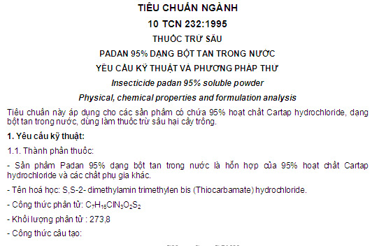 10 TCN 232-1995 - Thuốc Trừ Sâu Padan 95% Dạng Bột Tan Trong Nước - Yêu Cầu Kỹ Thuật