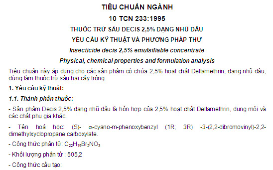 10 TCN 233-1995 - Thuốc Trừ Sâu Decis 2,5% Dạng Nhũ Dầu