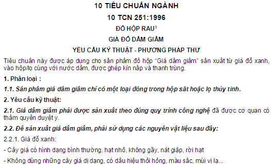 10 TCN 251-1996 - Đồ Hộp Rau - Giá Đỗ Dầm Giấm - Yêu Cầu Kỹ Thuật - Phương Pháp Thử