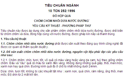 10 TCN 252-1996 - Đồ Hộp Rau - Chôm Chôm Nhồi Dứa Nước Đường - Yêu Cầu Kỹ Thuật - Phương Pháp Thử