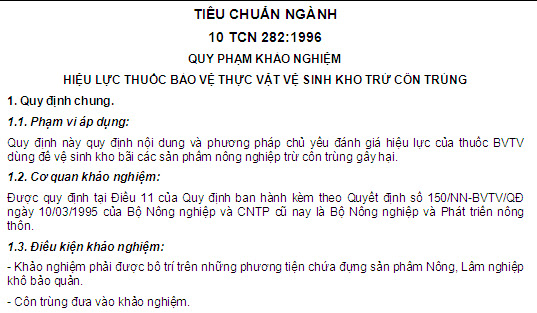 10 TCN 282-1996 - Quy Phạm Khảo Nghiệm Hiệu Lực Thuốc Bảo Vệ Thực Vật Vệ Sinh Kho Trừ Côn Trùng
