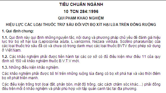 10 TCN 284-1996 - Quy Phạm Khảo Nghiệm - Hiệu Lực Các Loại Thuốc Trừ Sâu Đối Với Bọ Xít Hại Lúa