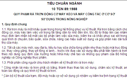 10 TCN 89-1988 - Quy Phạm Rà Trơn Động Cơ Máy Kéo Và Máy Công Tác Ở Cơ Sở Sử Dụng Trong Nông Nghiệp