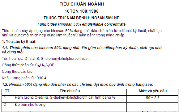 10TCN 108-1988 - Thuốc Trừ Nấm Bệnh Hinosan 50% ND