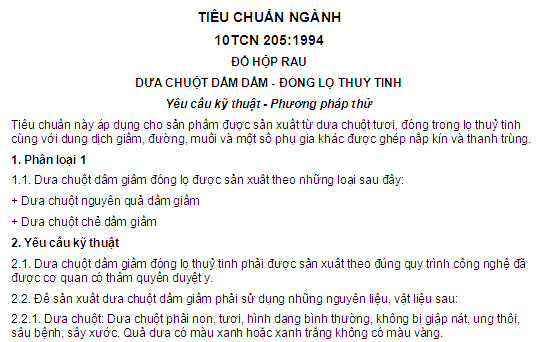 10TCN 205-1994 - Đồ Hộp Rau - Dưa Chuột Dầm Dấm - Đóng Lọ Thủy Tinh