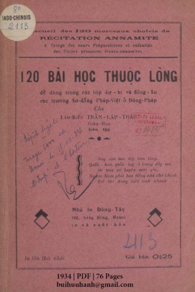 120 Bài Học Thuộc Lòng (NXB Đông Tây 1934) - Trần Lập Trác, 76 Trang