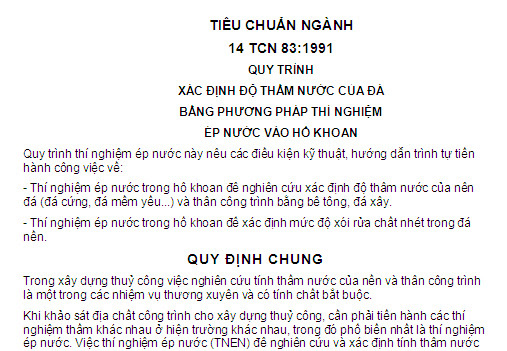 14 TCN 83-1991 - Quy Trình Xác Định Độ Thấm Nước Của Đá Bằng Phương Pháp Thí Nghiệm Ép Nước