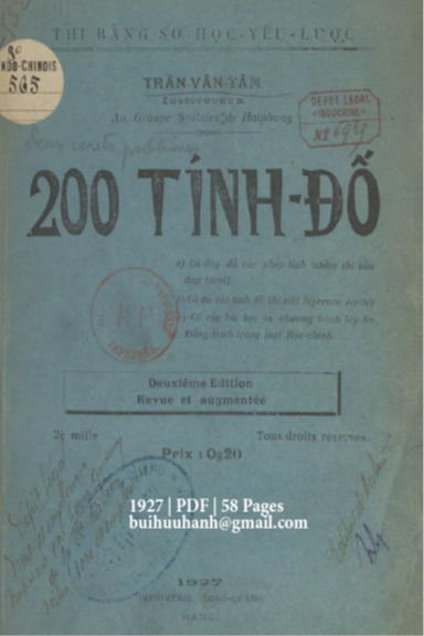 200 Tính Đố (NXB Long Quang 1927) - Trần Văn Tâm, 58 Trang