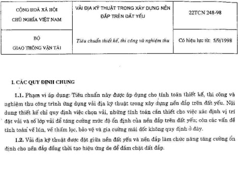 22TCN 248-98 - Vải Địa Kỹ Thuật Trong Xây Dựng Nền Đắp Trên Đất Yếu - Tiêu Chuẩn Thiết Kế Thi Công