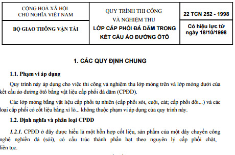 22TCN 252-1998 - Quy Trình Thi Công Và Nghiệm Thu - Lớp Cắt Phối Đá Dăm Trong Kết Cấu Áo Đường Ôtô