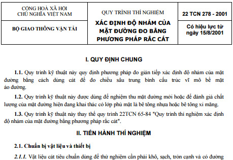 22TCN 278-2001 - Quy Trình Thí Nghiệm - Xác định Độ Nhám Của Mặt Đường Đo Bằng Phương Pháp Rắc Cát