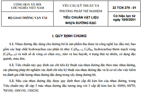 22TCN 279-01 - Yêu Cầu Kỹ Thuật Và Phương Pháp Thí Nghiệm - Tiêu Chuẩn Vật Liệu Nhựa Đường Đặc