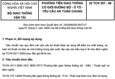 22TCN 307-06 - Phương Tiện Giao Thông Cơ Giới Đường Bộ - Ô Tô - Yêu Cầu An Toàn Chung