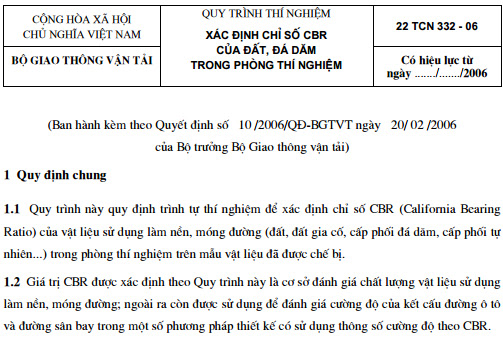 22TCN 332-06 - Quy Trình Thí Nghiệm - Xác Định Chỉ Số CBR Của Đất Đá Dăm Trong Phòng Thí Nghiệm