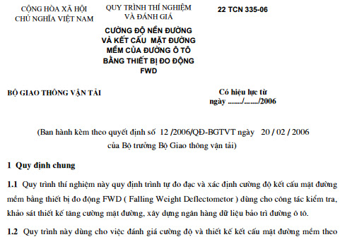22TCN 335-06 - Quy Trình Thí Nghiệm Và Đánh Giá Cường Độ Nền Đường Và Kết Cấu Mặt Đường