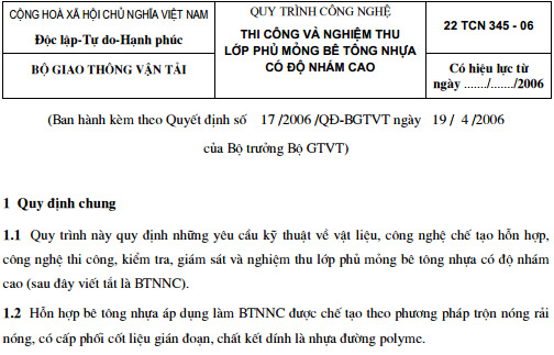 22TCN 345-06 - Quy Trình Công Nghệ - Thi Công Và Nghiệm Thu Lớp Phủ Mỏng Bê Tông Nhựa Có Độ Nhám Cao