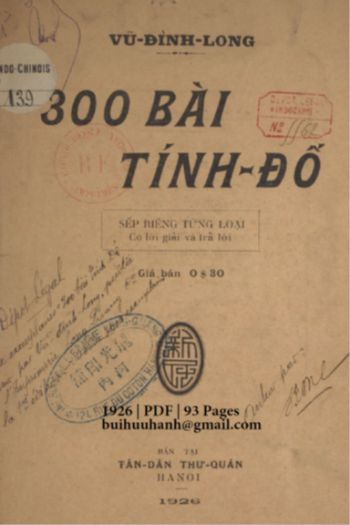 300 Bài Tính Đố (NXB Tân Dân 1926) - Vũ Đình Long, 93 Trang