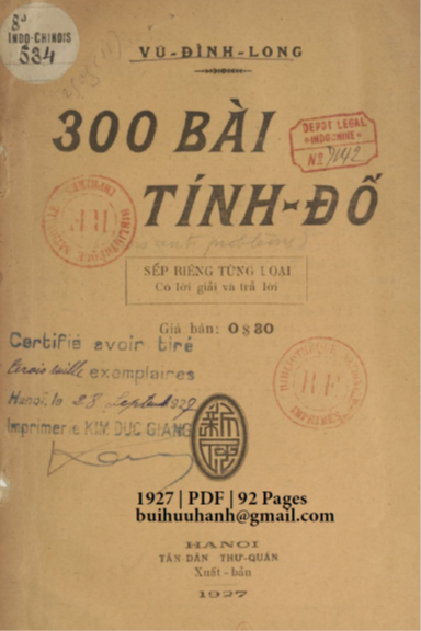 300 Bài Tính Đố (NXB Tân Dân 1927) - Vũ Đình Long, 92 Trang